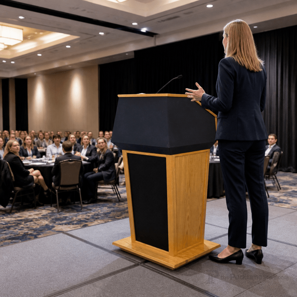 Presidential Plus Evolution Podium with Sound (PS-PRES900-EV) Hardwood Lectern PRES900-EV-O Oak Wood - Natural (Clear Coat) Black No Logo - thePodiumsStore