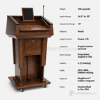 Presidential Plus Lift Wood Lectern (PS-PRES900-LIFT) Height Adjustable Lectern PRES900-LIFT Oak Natural (Clear Finish) - thePodiumsStore