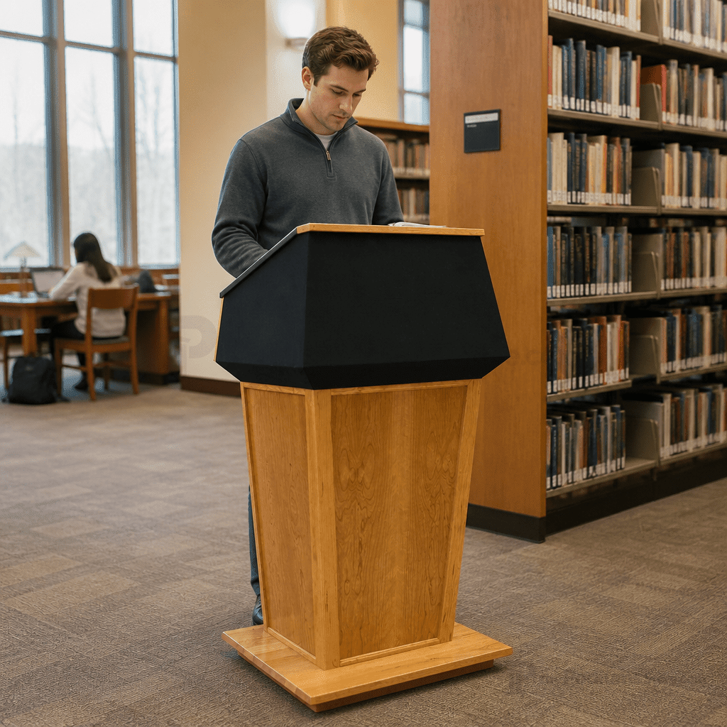 Presidential Plus Solid Hardwood Podium (PS-PRES900) Hardwood Lectern PRES900 Oak Wood - Natural (Clear Coat) Black No Logo - thePodiumsStore