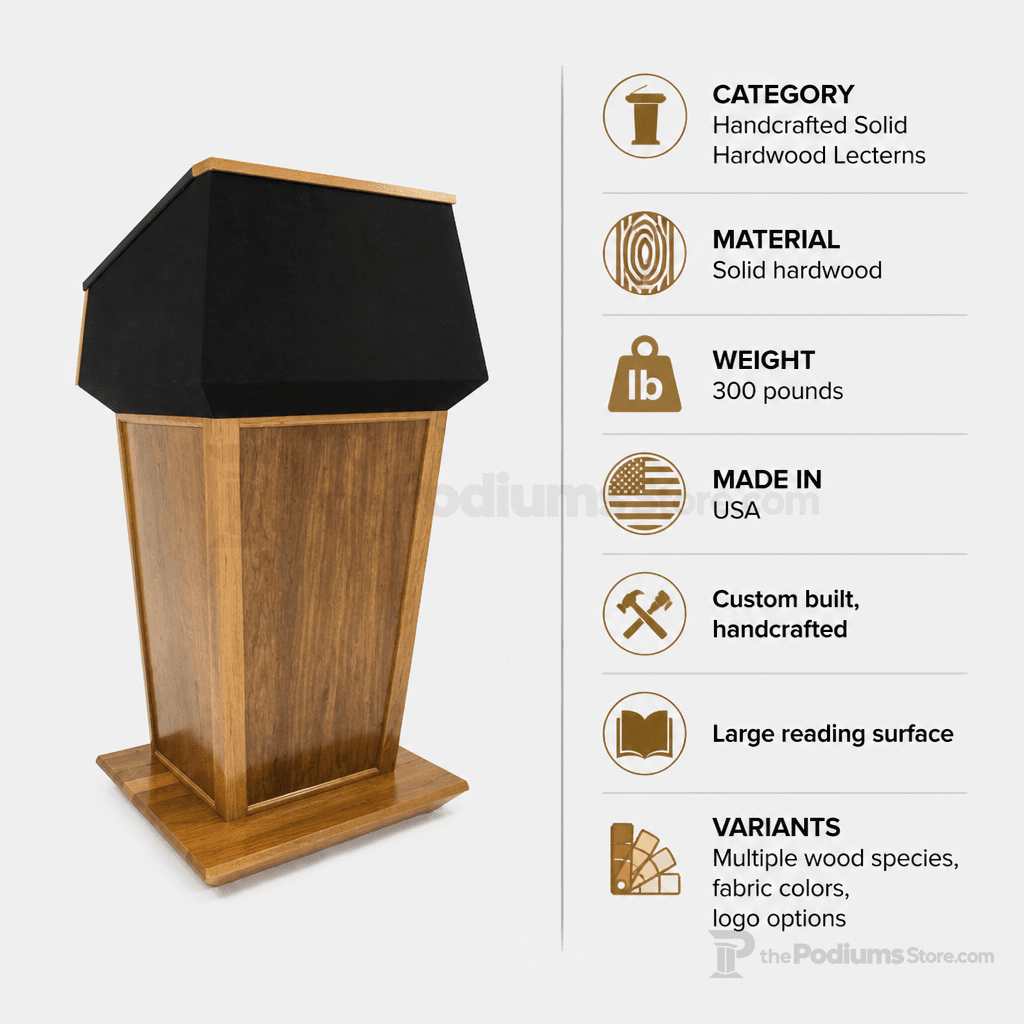 Presidential Plus Solid Hardwood Podium (PS-PRES900) Hardwood Lectern PRES900 Oak Wood - Natural (Clear Coat) Black No Logo - thePodiumsStore