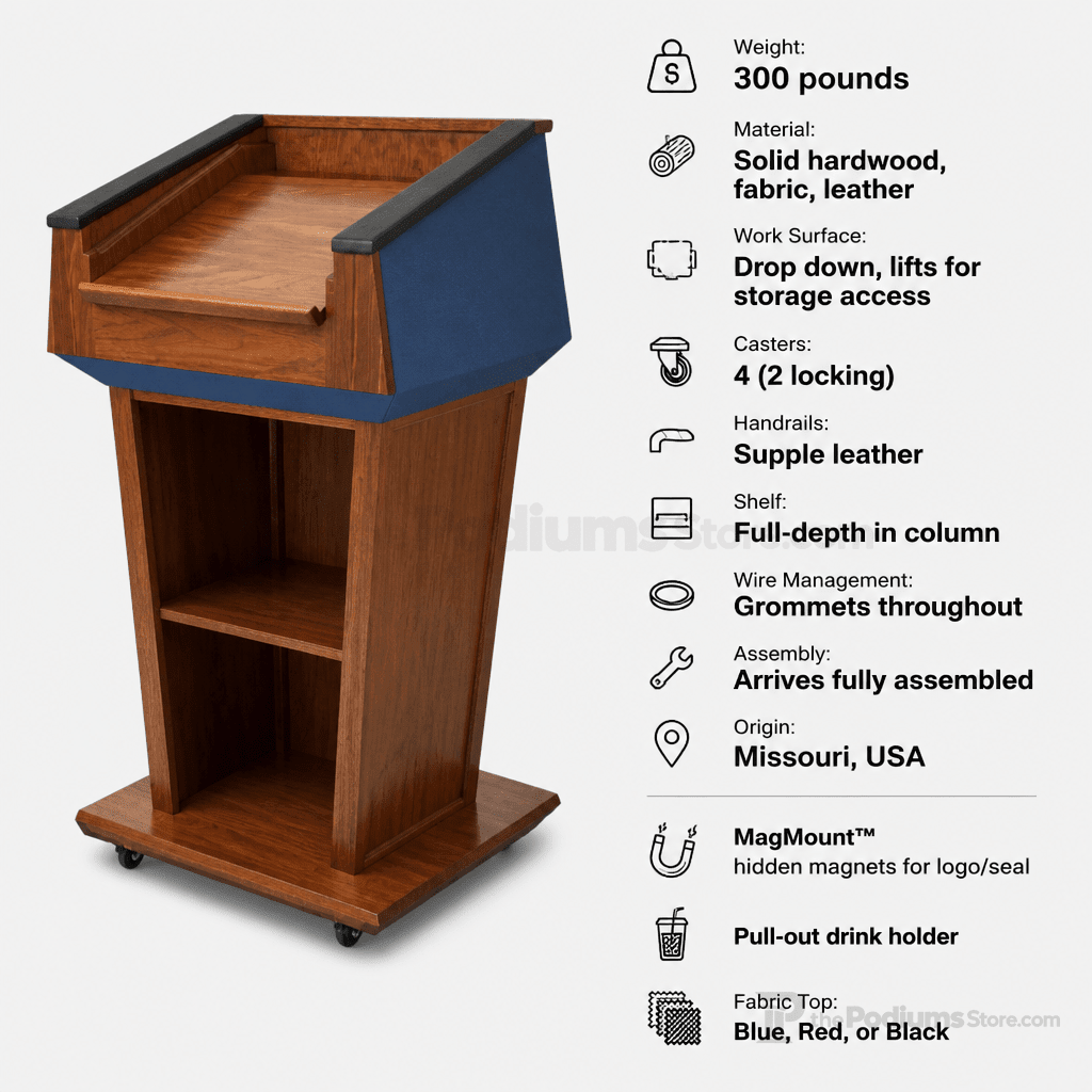 Presidential Solid Hardwood Podium (PS-PRES500) Hardwood Lectern PRES500 Oak Wood - Natural (Clear Coat) Black No Logo - thePodiumsStore