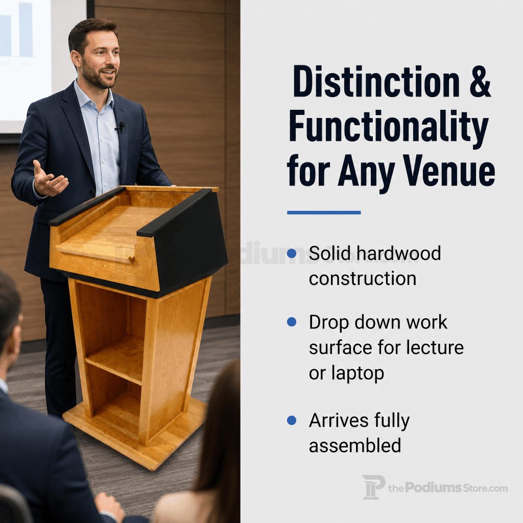 Presidential Solid Hardwood Podium (PS-PRES500) Hardwood Lectern PRES500 Oak Wood - Natural (Clear Coat) Black No Logo - thePodiumsStore
