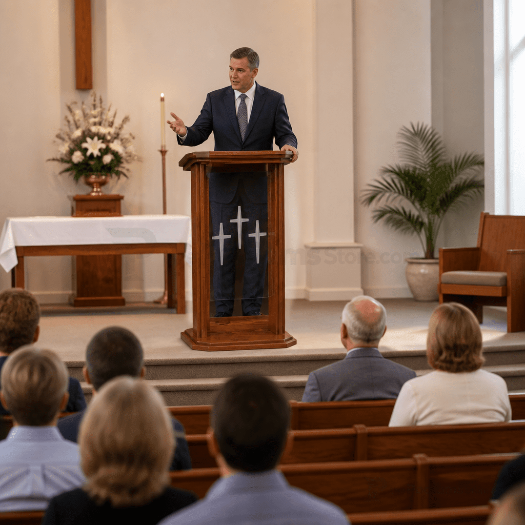 Proclaimer Wood & Acrylic Preaching Stand (PS-704) Wood & Acrylic Pulpit 704 Light Oak 35 - thePodiumsStore