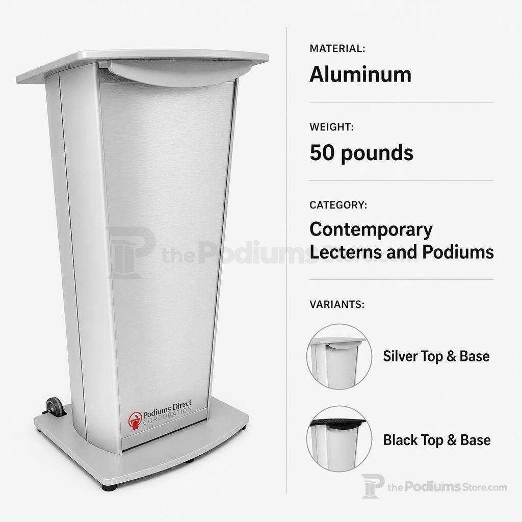 Standard Aluminum Lectern — Contemporary (PS-VH1) Aluminum Lectern 1ALVH1S Silver Top & Base - thePodiumsStore