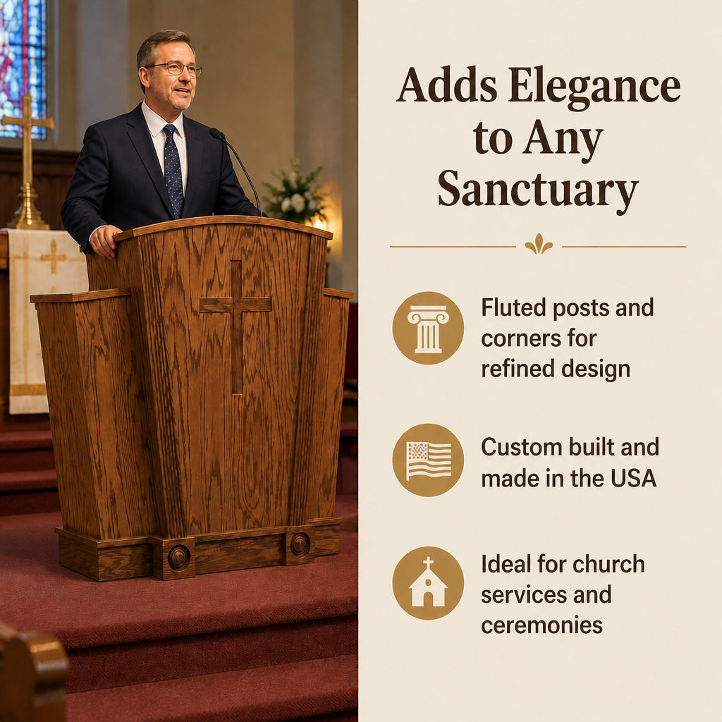 Church Wood Pulpit Victory Style with Fluting 310 - FREE SHIPPING! · In-use benefit callout split layout