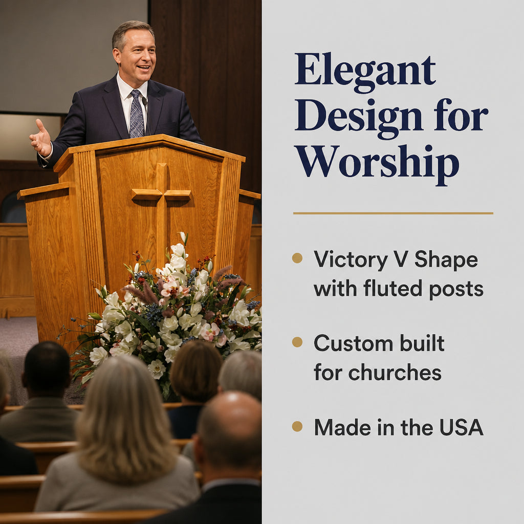 Church Wood Pulpit Victory Style V Shape with Fluting 300 - FREE SHIPPING! · Split layout: pulpit in use with benefit callouts