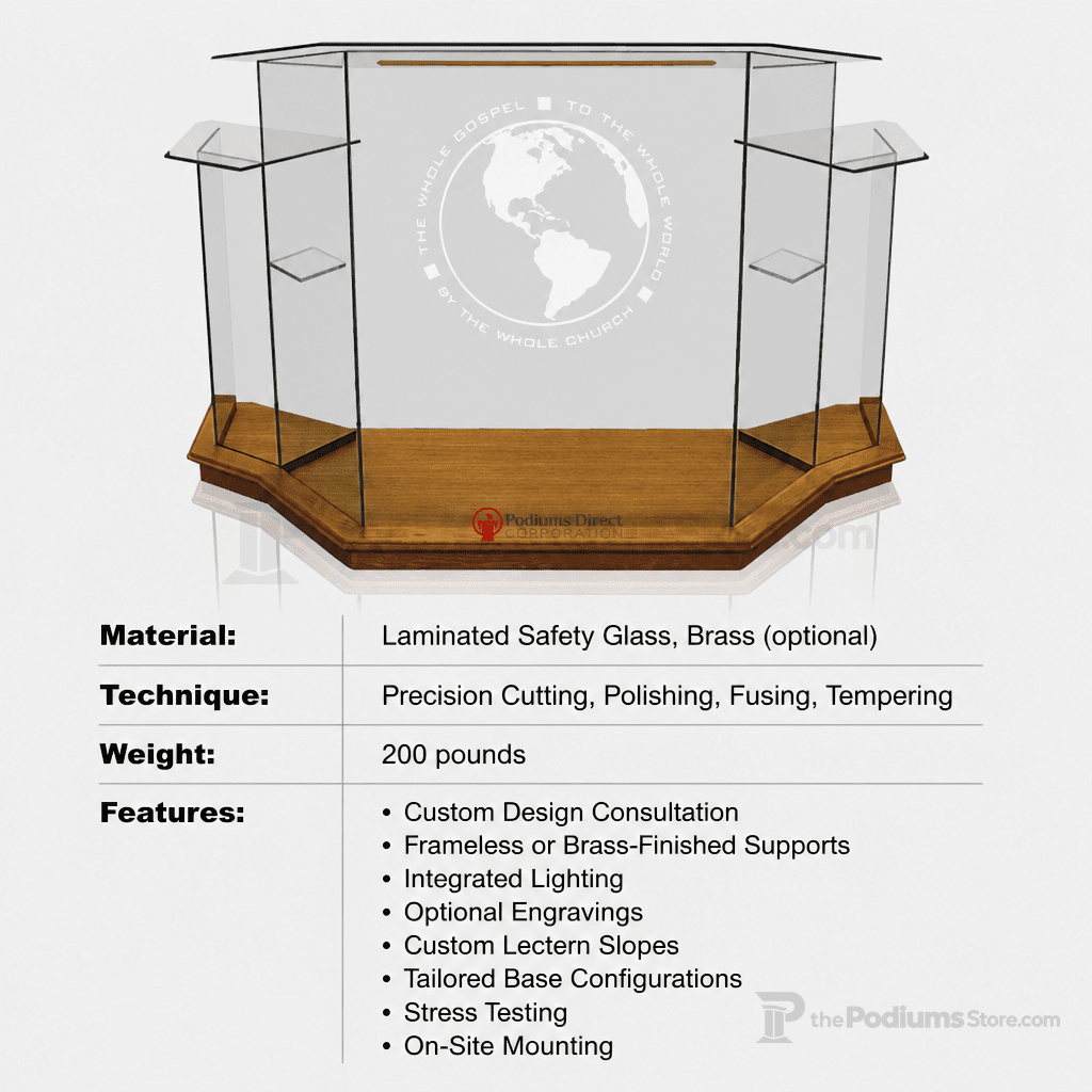 Winged Curved Glass Church Pulpit (PS-NC8WC) Glass Pulpit NC8WC Black Lacquer - thePodiumsStore