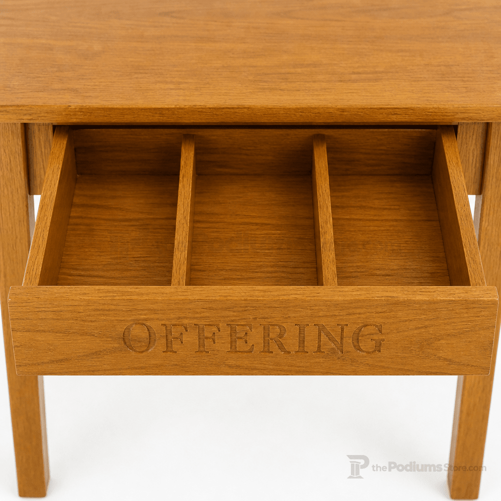 Wood Offering Table with Storage Drawer & Inscription (PS-TOT-448) Offering Table TOT-448 Light Oak 35 - thePodiumsStore