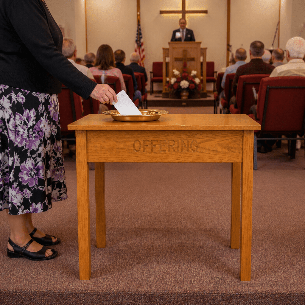 Wood Offering Table with Storage Drawer & Inscription (PS-TOT-448) Offering Table TOT-448 Light Oak 35 - thePodiumsStore